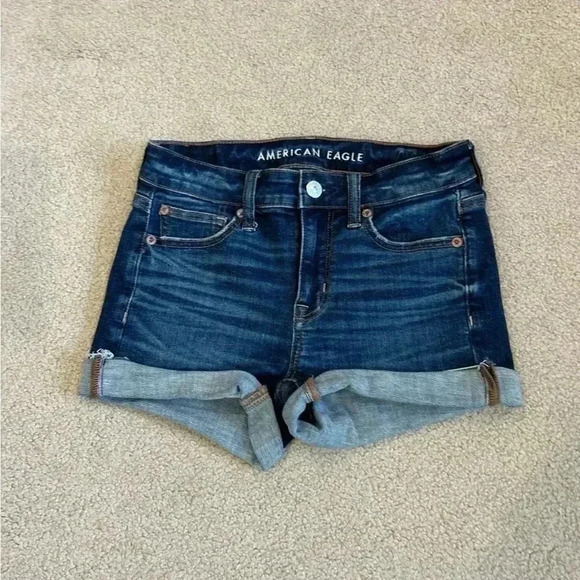 American eagle high rise shortie dark blue jean shorts in size 00 - Picture 1 of 5